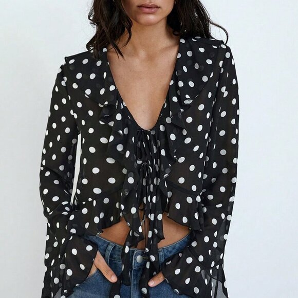 Black Women's Polka Dot Print Design Front Bow Tie Ruffle details blouse - Picture 1 of 11